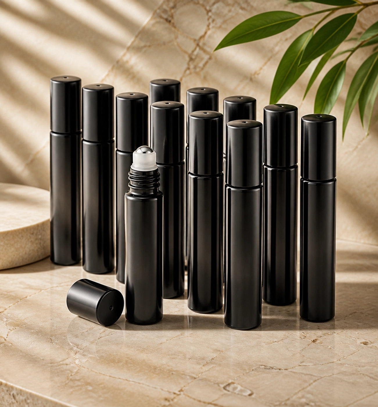 15mL black glass roller bottle with steel ball and black electroplated cap