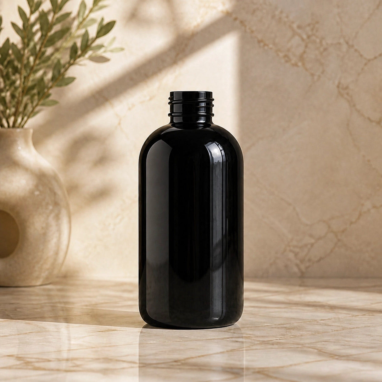 500ml black boston round bottle PET (24-410)