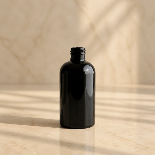 130ml black boston round bottle PET (20-410)