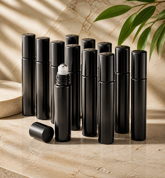 15mL black glass roller bottle with steel ball and black electroplated cap
